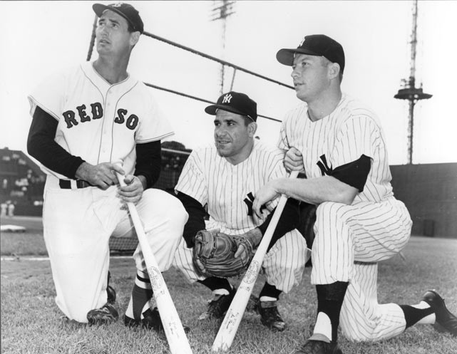 Red Sox older timers' game (Equitable Old-Timers Series): Ted Williams  talking with Dom DiMaggio in the dugout, May 18, 1986