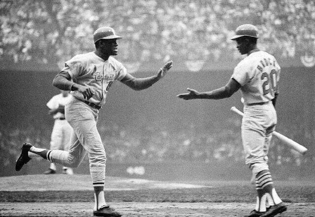 At Wrigley Field 1968: Mike Shannon, Roger Maris, Curt Flood, Tim McCarver,  Lou Brock.