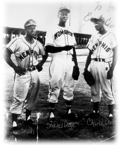 Joe Louis and Satchel Paige meet at Comiskey Park on August 13, 1948