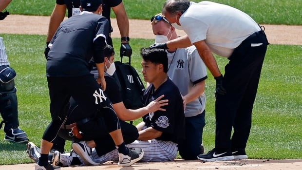 Aroldis Chapman hit in face by a line drive, leaves game on stretcher