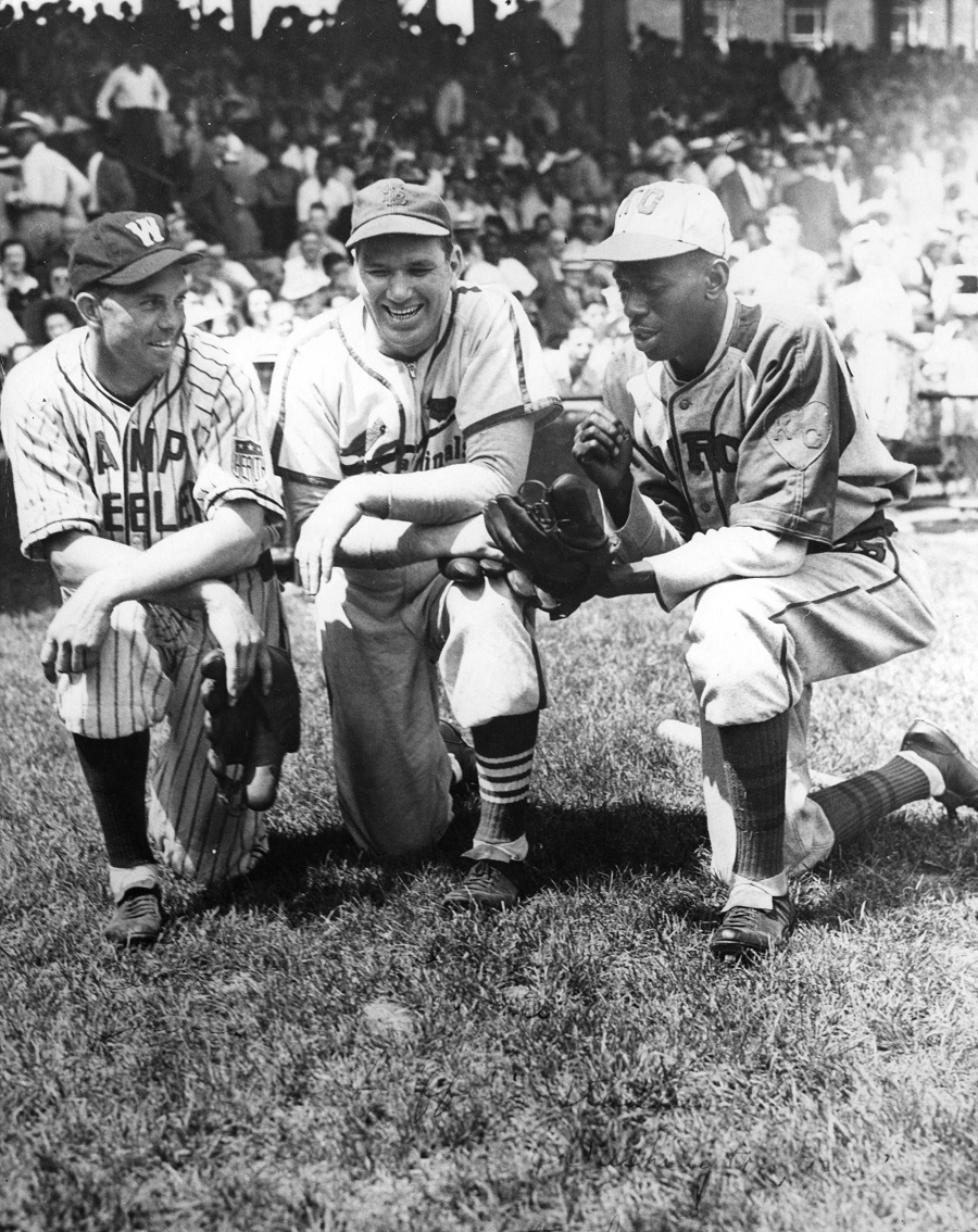 Joe Louis and Satchel Paige meet at Comiskey Park on August 13, 1948