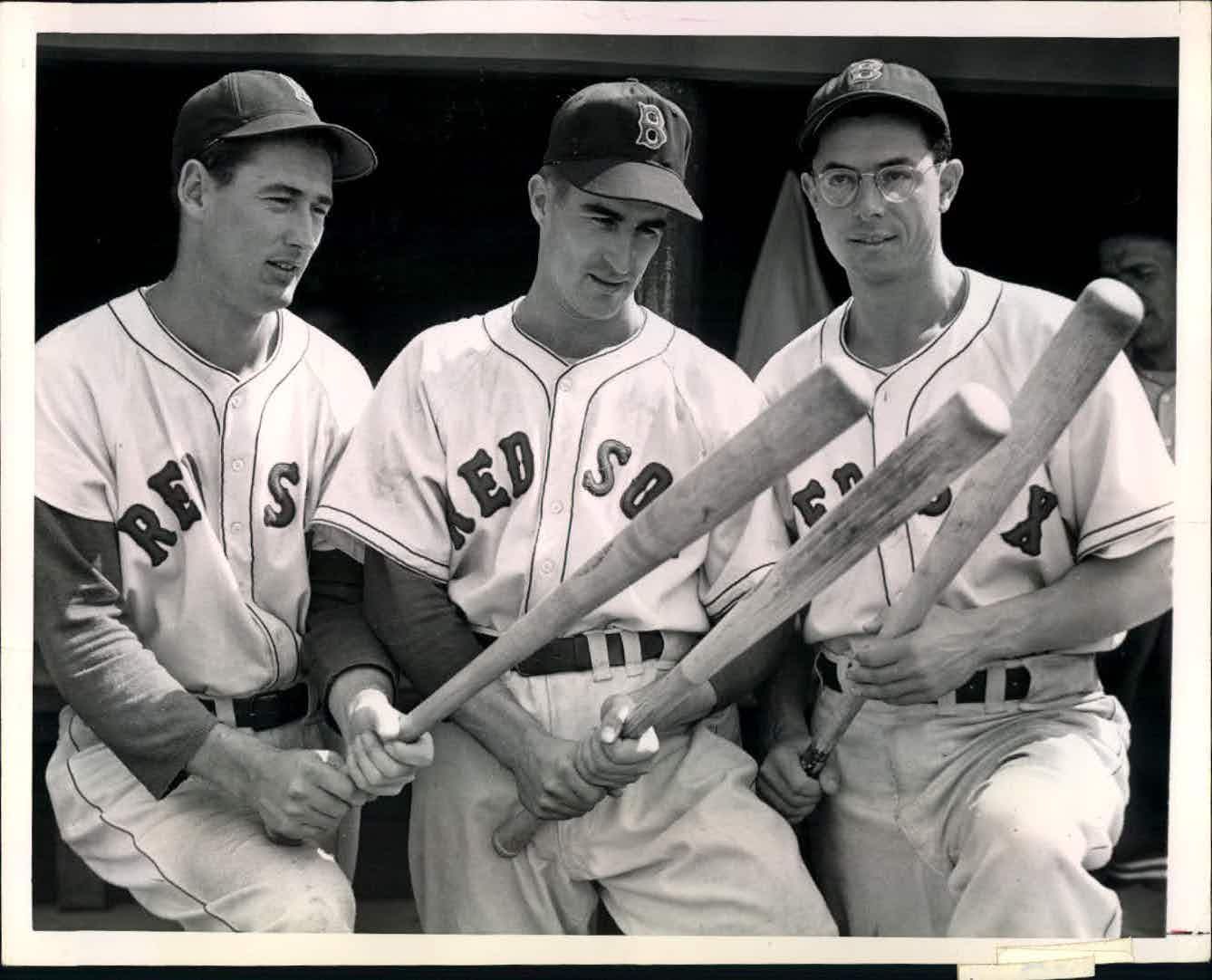 Red Sox older timers' game (Equitable Old-Timers Series): Ted Williams  talking with Dom DiMaggio in the dugout, May 18, 1986