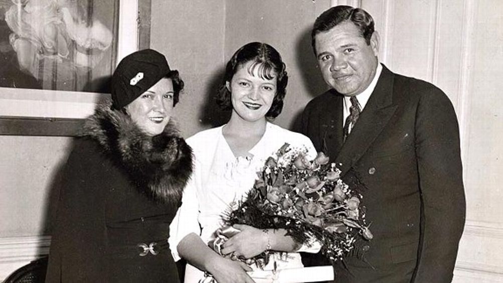 Claire Ruth, widow of Babe Ruth, left, and Eleanor Gehrig, widow of Lou  Gehrig, view a portrait of Lou Gehrig in lounge named for him in Columbia  University's new $12.7 million athletic