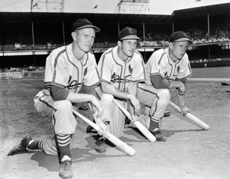 1956 at Sportsman's Park: Former teammates, Stan Musial and Red  Schoendienst shake hands p…