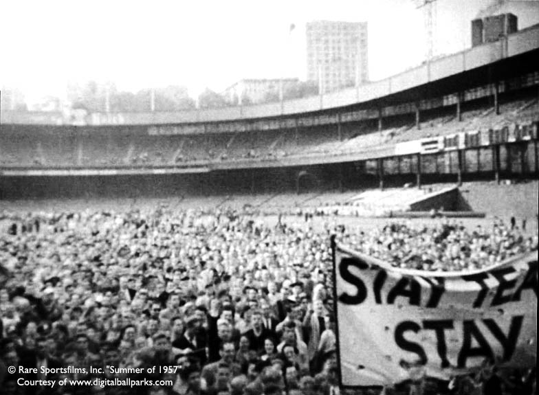 Manhattan, NY, September 29, 1957 – Final out of the Giants last game at  the Polo Grounds ends a remarkable era