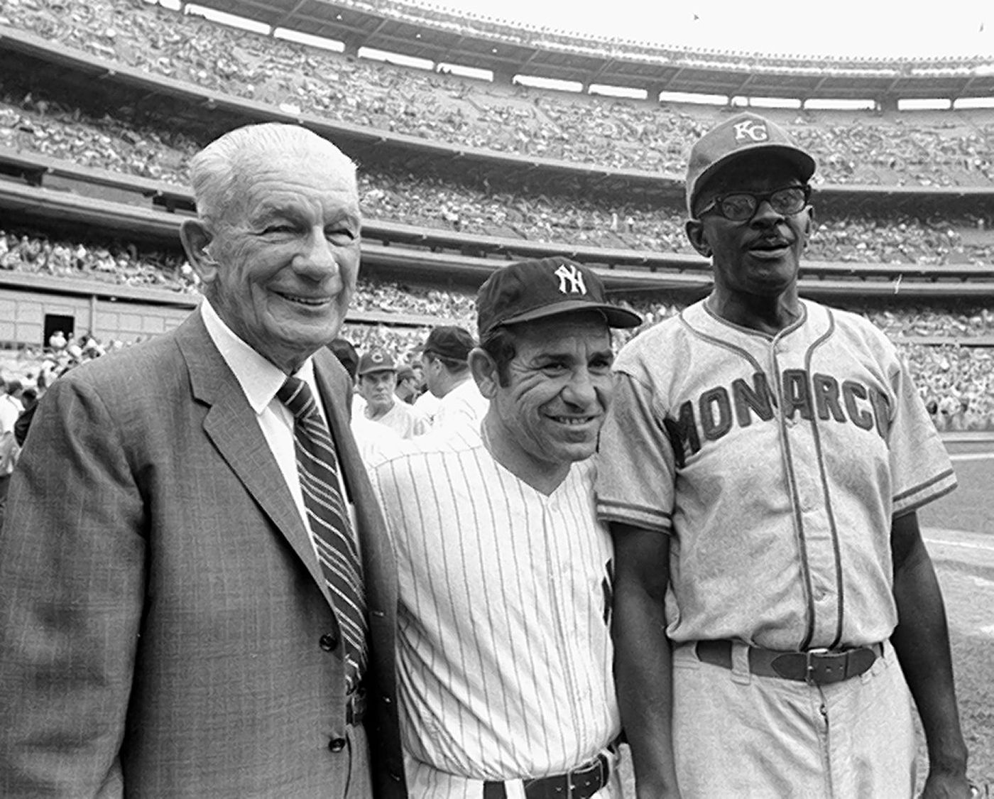 Joe Louis and Satchel Paige meet at Comiskey Park on August 13, 1948