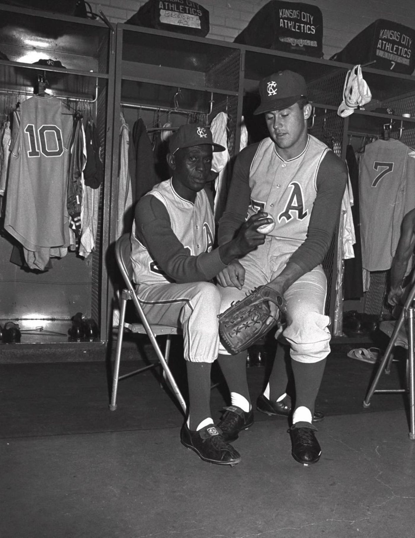 Joe Louis and Satchel Paige meet at Comiskey Park on August 13, 1948