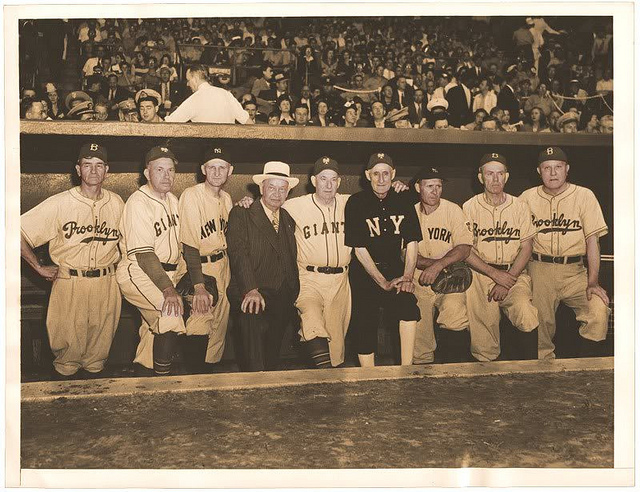 Otto Miller, left, of the Brooklyn Dodgers, and Babe Ruth, of the