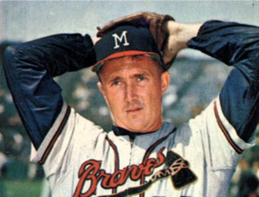 Joe Adcock, Milwaukee Braves' first baseman, holds ball he belted