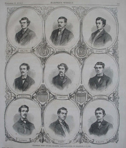 Team portrait composite of members of the Brooklyn Atlantics from Harper's Weekly, 1865. Dickie Pearce in the top row was one of the team's stars.