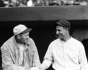 "Two of baseball's greatest gentlemen shake hands before a game at Yankee Stadium in 1927. Walter Johnson is in his last year as a player and Gehrig is in his first year as a superstar." (From Baseball's Golden Age.)