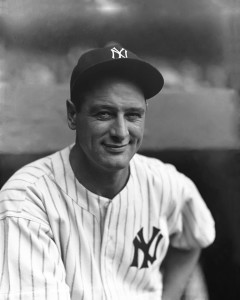 "No sooner had the ill-starred Lou Gehrig escaped Babe Ruth's shadow in 1935 than a sensational rookie named Joe DiMaggio joined the Yankees in 1936. An amused Gehrig posed for Conlon during his second MVP season." (From Baseball's Golden Age)