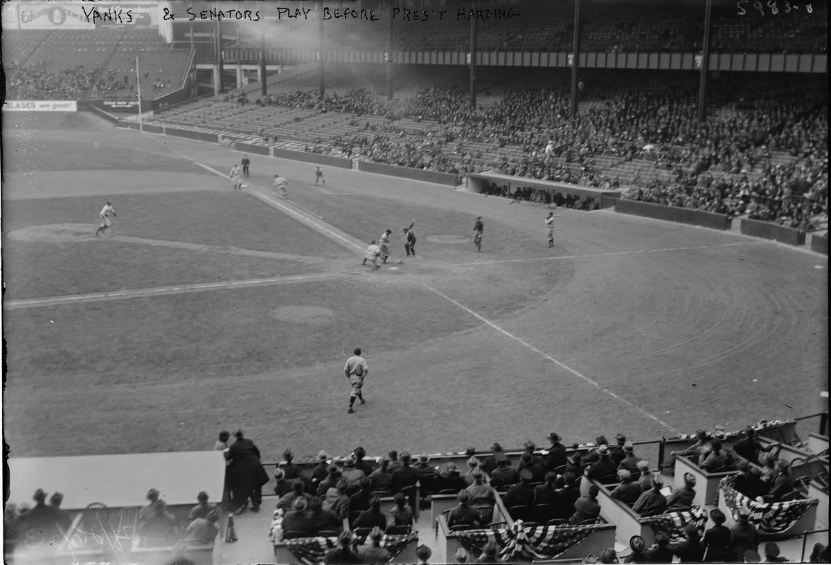 Yankee Stadium, April, 24, 1923 – 8,000 brave cold and wind to see Yankees beat Senators 4-0 in front of President Warren Harding