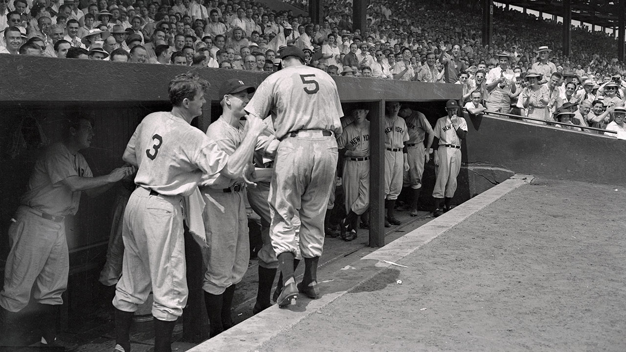 Griffith Stadium, Washington D.C., June 29, 1941 – A very sweaty Joe DiMaggio extends his legendary hitting streak to 41 games