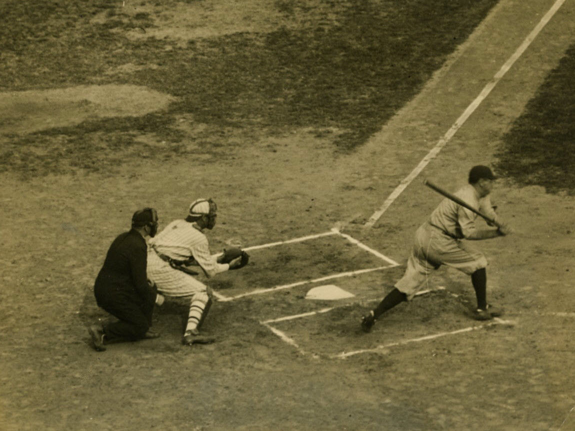 Polo Grounds, Manhattan, NY, October 4, 1922 – Yankees slugger Babe Ruth strikes out in his first at-bat of 1922 World Series